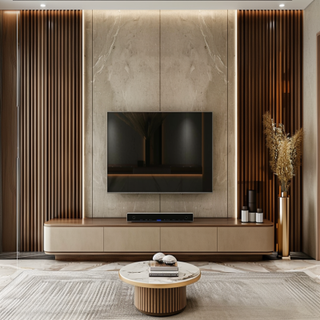 Modern Champagne-Toned And Wooden TV Unit Design With Fluted Back Panels