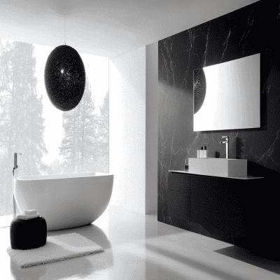 Modern Black and White Bathroom Design with Frameless Mirror