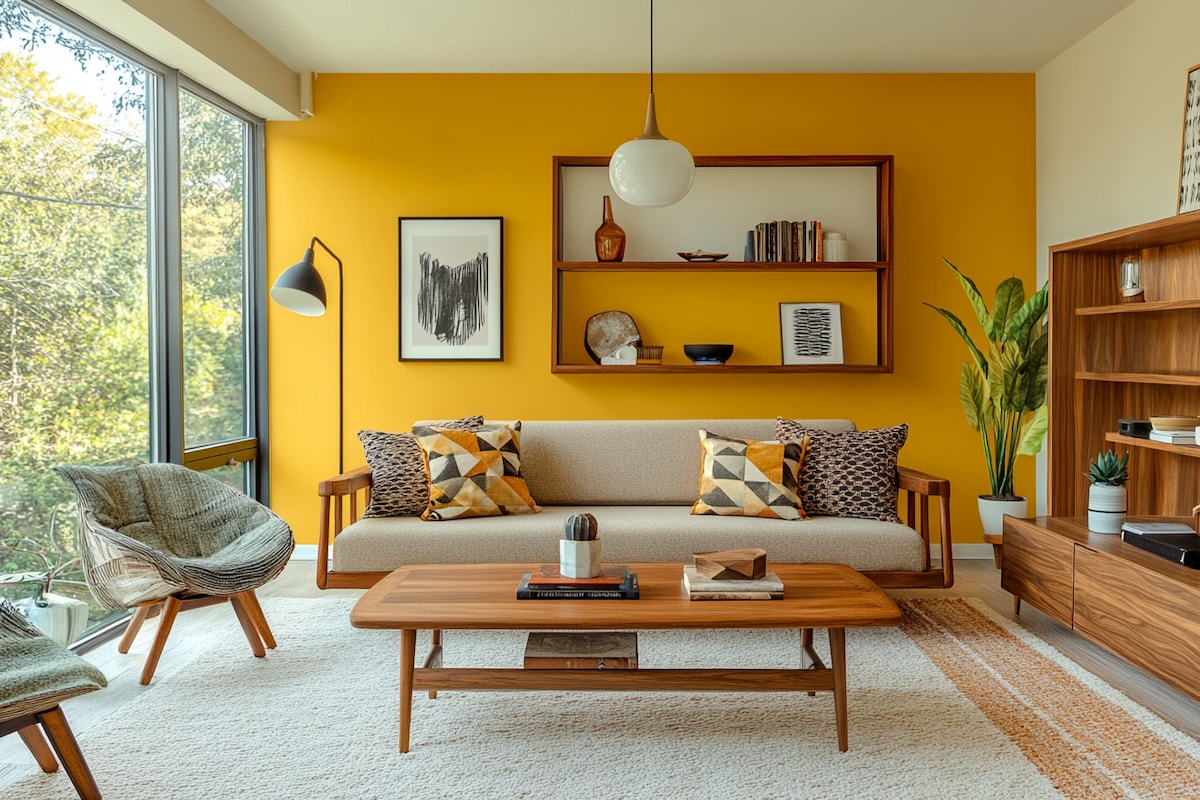 Mid-Century Modern Yellow Living Room Wall Paint Design