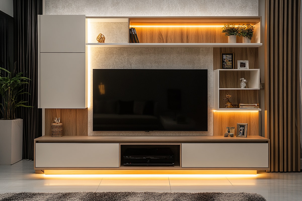 Contemporary Floor-Mounted TV Unit Design With Hazil Cambric And Frosty White Tones