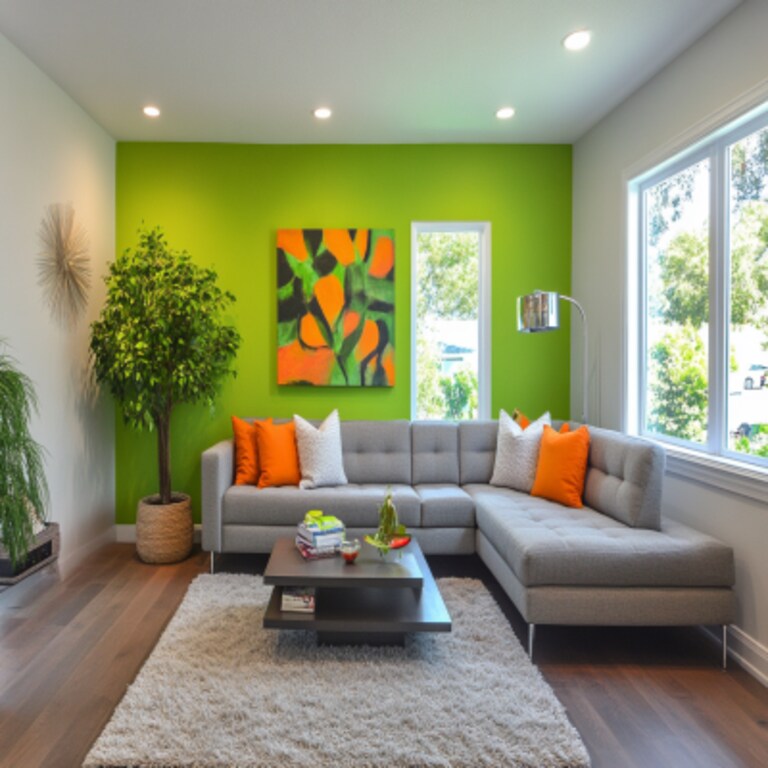 Contemporary Living Room Design With Grey L-Shaped Sofa And Green Accent Wall With Trims