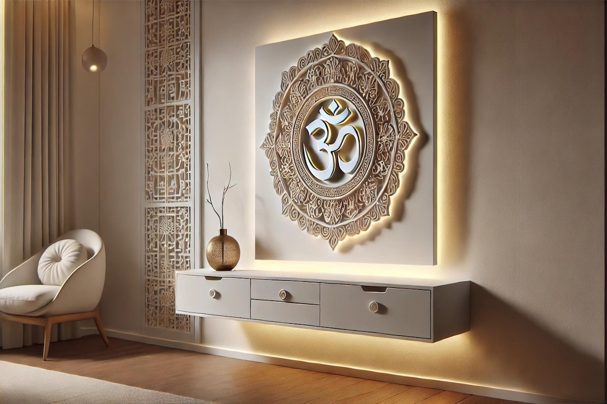 Modern Wall-Mounted White Pooja Unit Design with OM Mandala Design