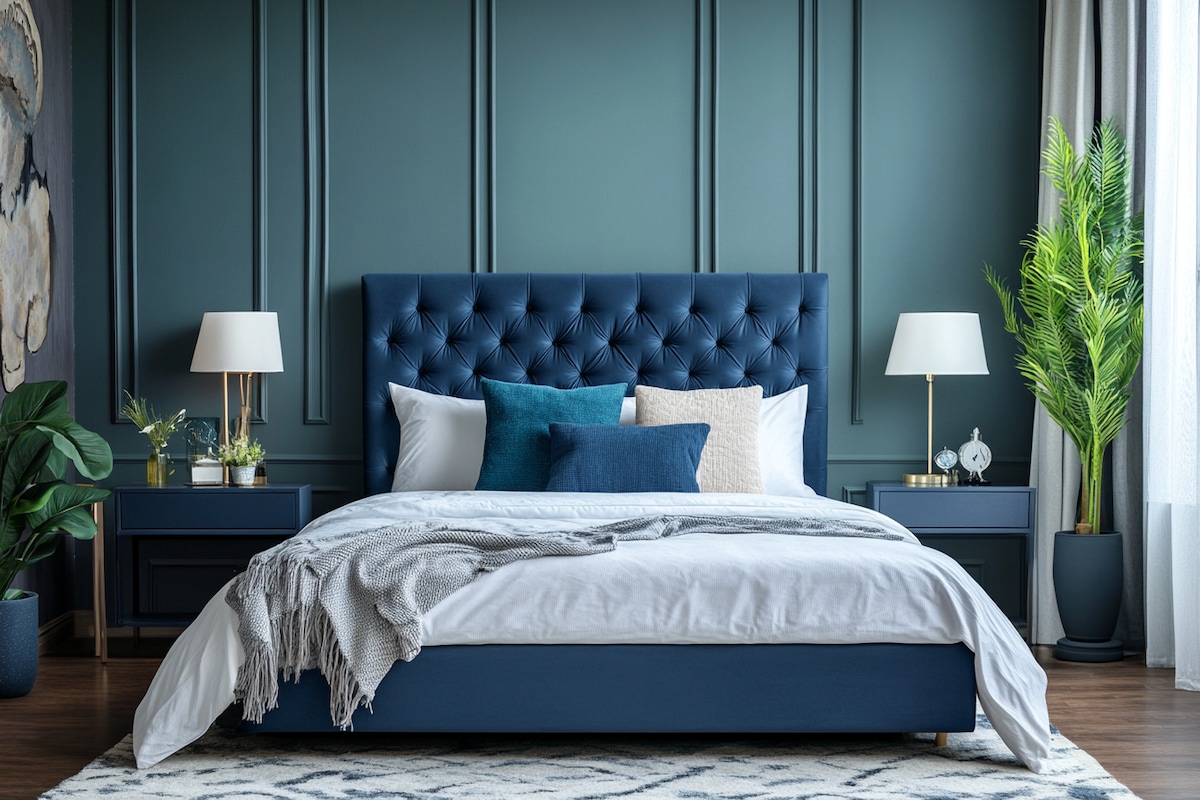 Modern Master Bedroom Design With Queen Sized Bed And Blue Tufted Headboard