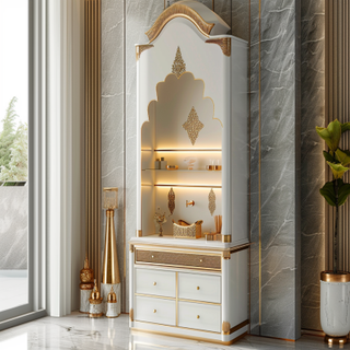 Modern Frosty White And Gold Mandir Design With Floor-Mounted Drawer Storage