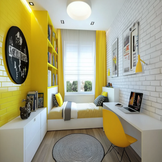 Modern Kids Room Design With Bright Yellow And White Brick Accent Walls