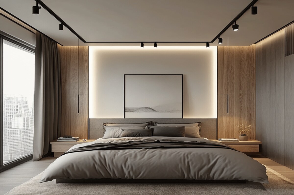 Contemporary Single-Layered Bedroom Ceiling Design With Console Track Lights