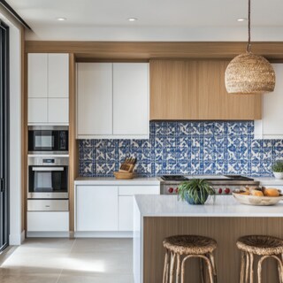 Contemporary Blue and White Moroccan Kitchen Tile Design with Suede Finish