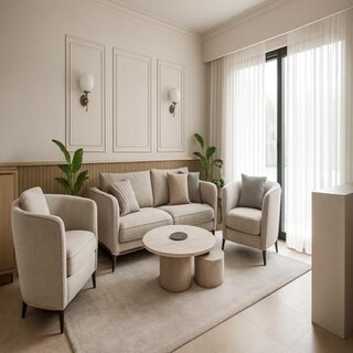 Medium Scandinavian Beige Living Room Design with Soft Neutral Palette