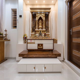 Modern Floor-Mounted Mandir Design With Glossy White Drawer Storage