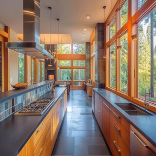 Contemporary Parallel Kitchen Design with Teak and Slate Units