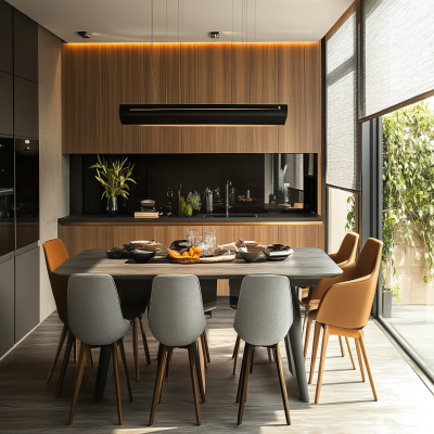 Contemporary Dining Room Design With Wood And Grey Dining Table