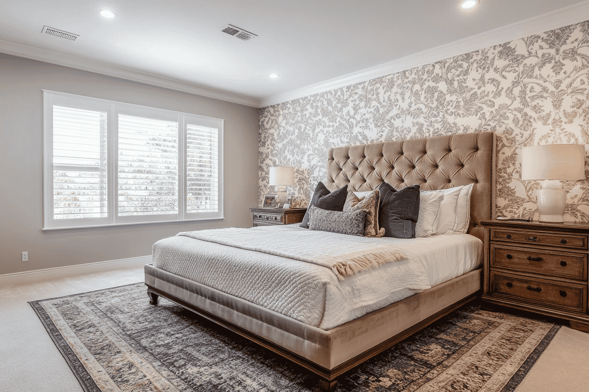 Modern Master Bedroom Design With King Bed and Trimmed Wallpaper