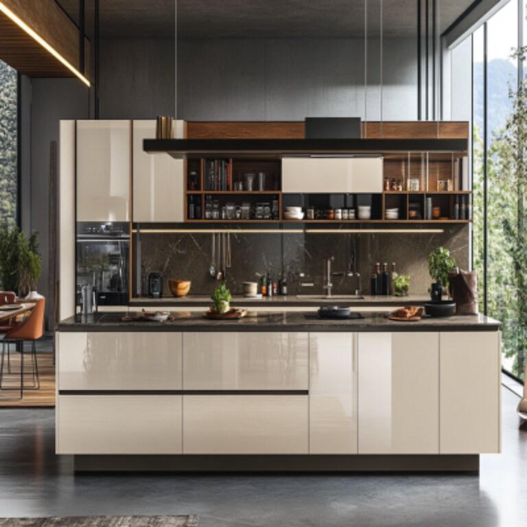 Contemporary Glossy Light Beige Modular Parallel Kitchen Design