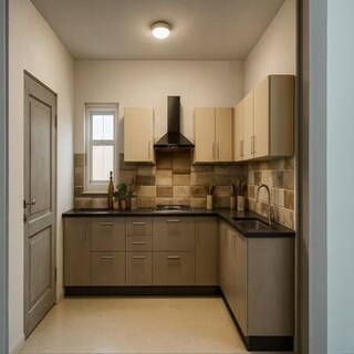 Contemporary Beige L Shaped Kitchen with Textured Tile Backsplash