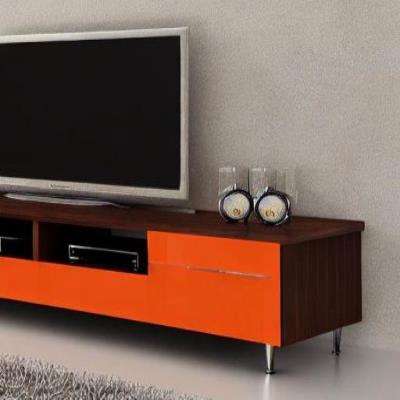 Modern TV Unit Design in Brown and Orange Laminate with Grey Rug