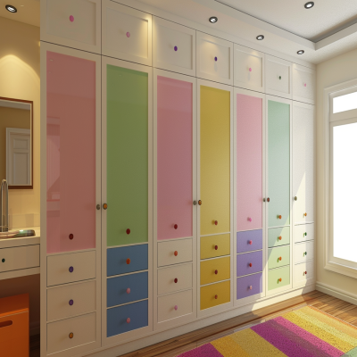 Contemporary White 4-door Swing Wardrobe Design With Multi Coloured Drawer Storage