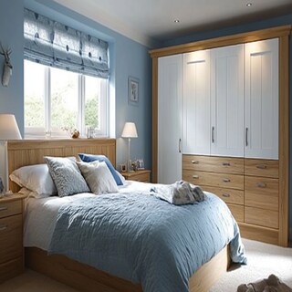 Modern Blue And Grey Bedroom Design With White And Wood Wardrobe