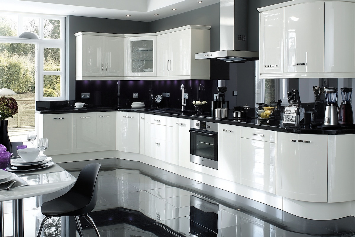 Contemporary Black Glossy Kitchen Tile Design With White Cabinets