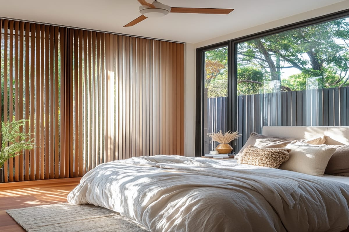 Modern Master Bedroom Design With Vertical Wall Louvers