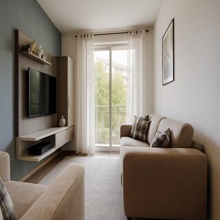 Compact Beige Living Room Design with TV Unit and Window Seating