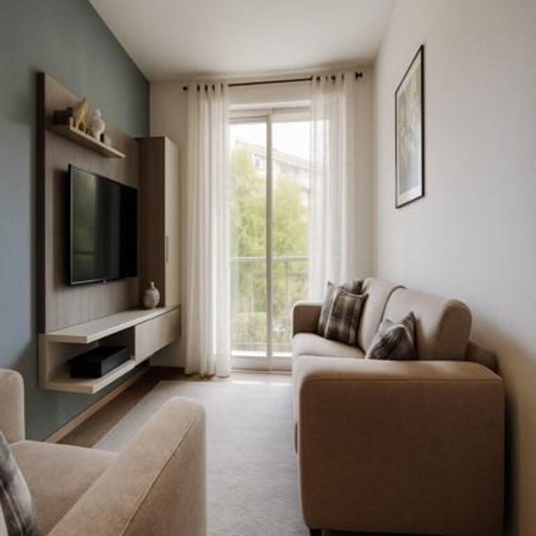 Compact Beige Living Room Design with TV Unit and Window Seating