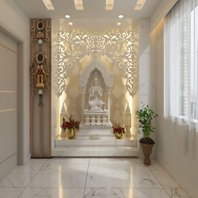 Modern Frosty White Pooja Room Design With CNC Partition