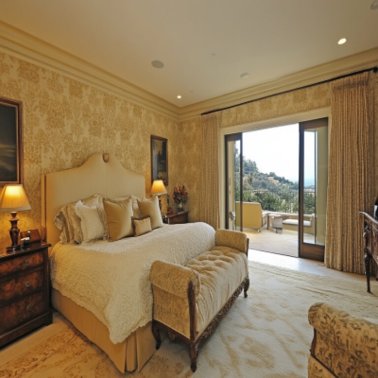 Contemporary Master Bedroom Design With Beige Patterned Wallpaper