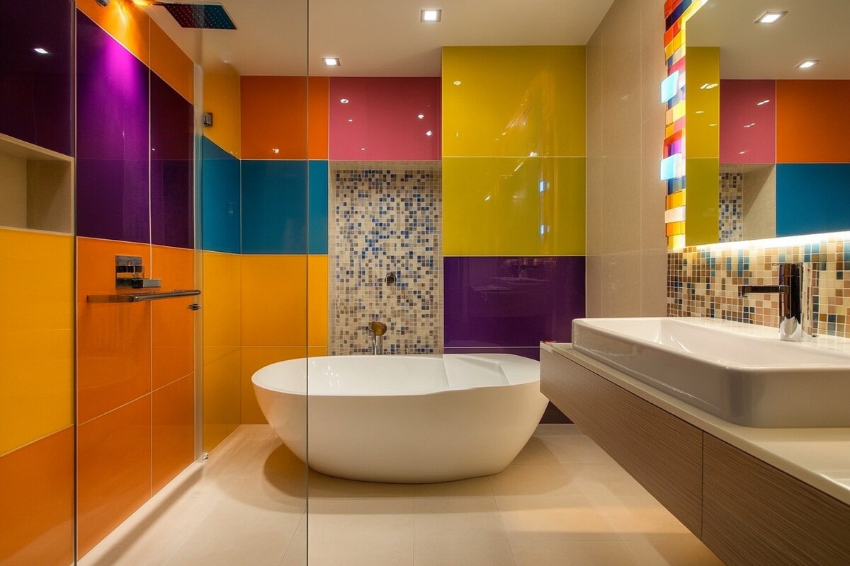 Modern Multicoloured Small Bathroom Design With Corian Countertop