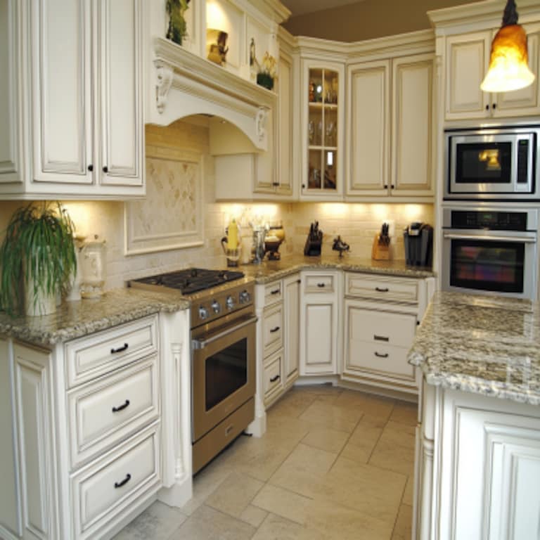 Modern L-Shaped Kitchen Design with White Units and Granite Countertops