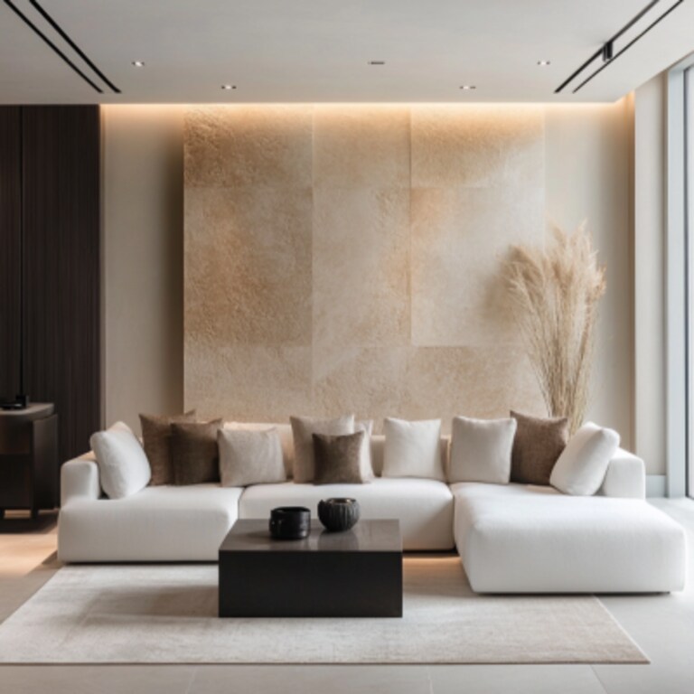 Contemporary Living Room Design With L-Shaped White Sofa And Textured Beige Wall Panel