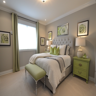 Contemporary All-Grey Master Bedroom Design With Light Green Side Tables