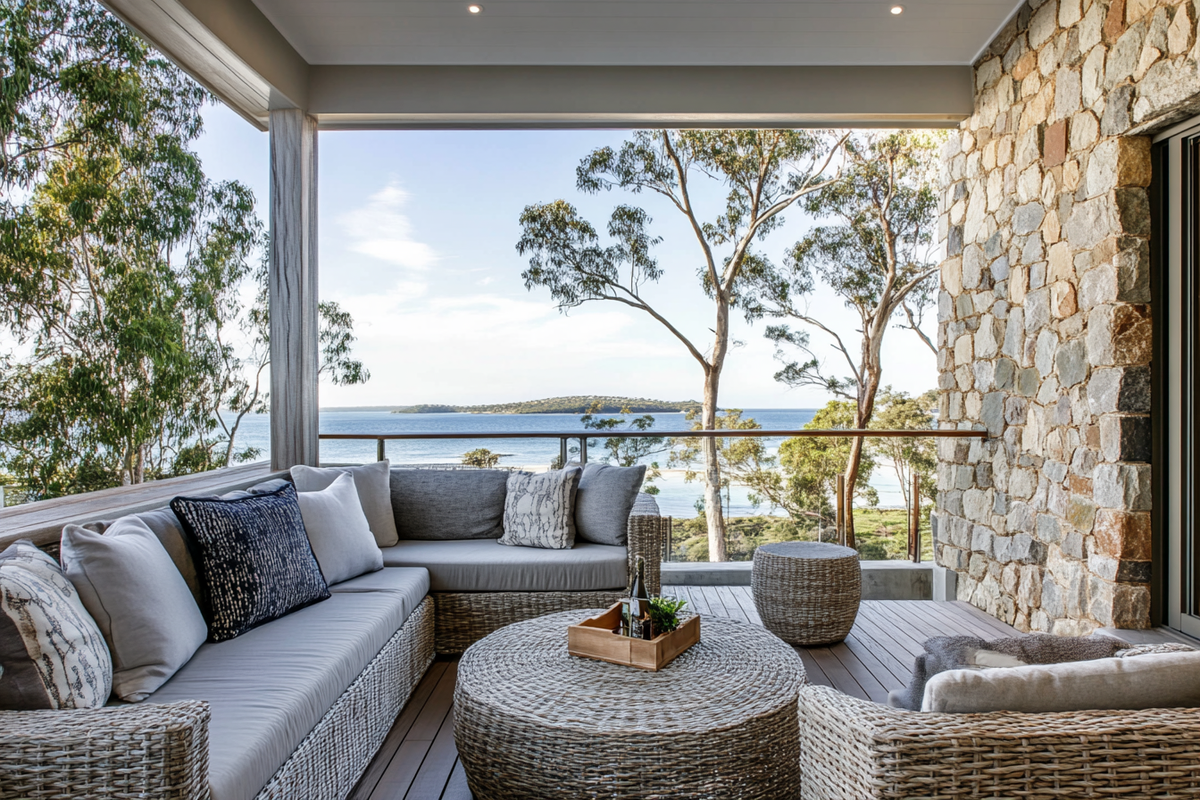 Coastal Balcony Design With Stone Cladding Wall