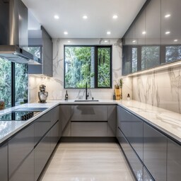 Modern Irish Cream Modular Parallel Kitchen Design With Moroccan Dado Tiles