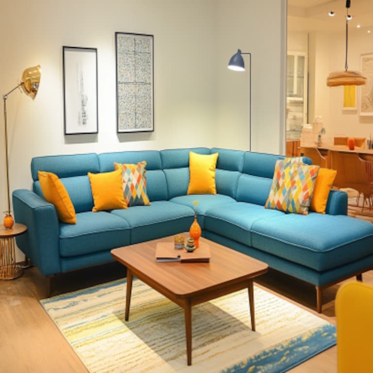 Contemporary Living Room Design With Blue L-Shaped Sofa And Yellow Cushions