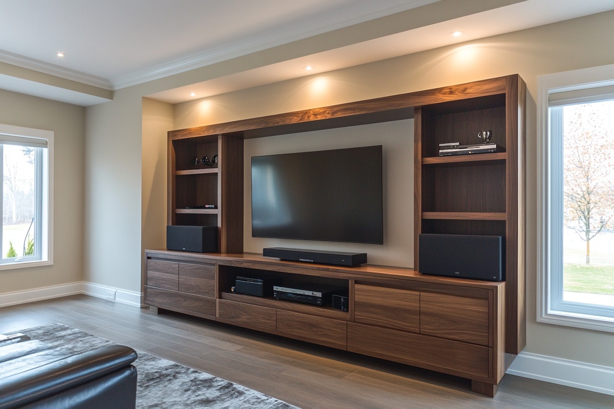 Modern Wall-Mounted Walnut Bronze TV Unit Design With Base Cabinets