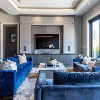 Contemporary Living Room Design With Blue Track Arm Sofa And Glossy Grey TV Console