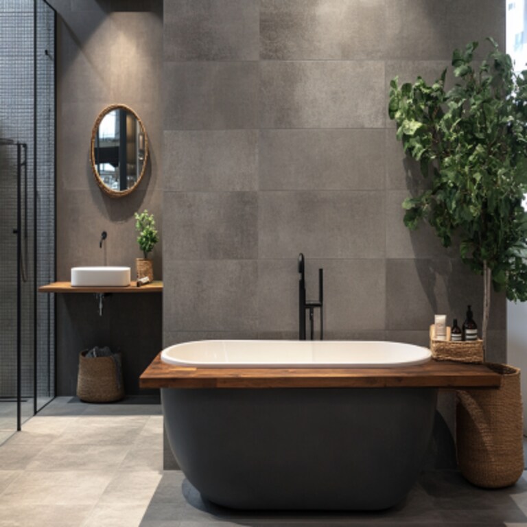 Industrial Style Bathroom Design with Grey Tiles and Wooden Countertop