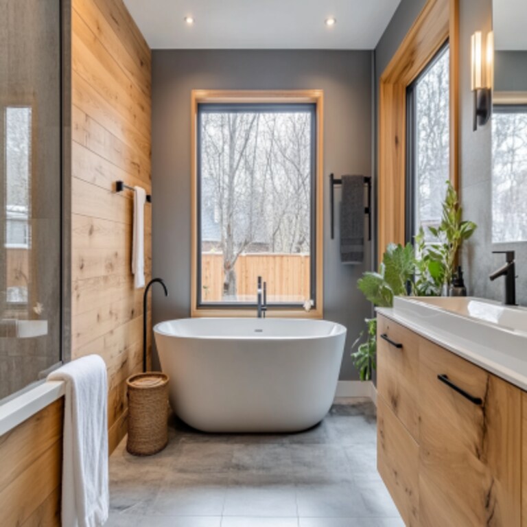 Scandinavian Grey Bathroom Design With Wooden Floor-To-Wall Panelling And White Bathtub