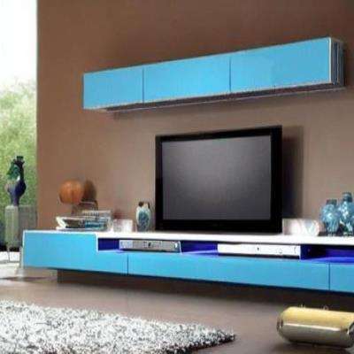 Modern TV Unit Design in Blue and Silver Laminate