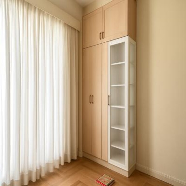 Compact Wooden Wardrobe with Glass Display Unit