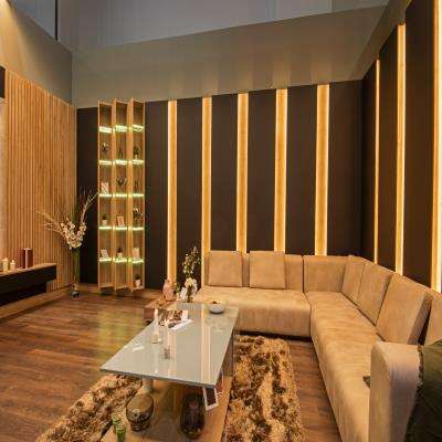 L-Shaped Living Room Interior Design in Brown