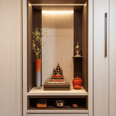 Modern Pooja Unit Design with Closed Storage and Beige Wallpaper