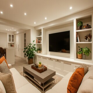 White Contemporary TV Unit Design with Beaver Storage Cabinets