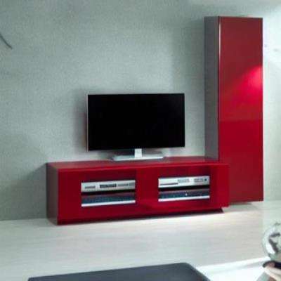 Modern TV Unit Design in Red Laminate with Red Wardrobe