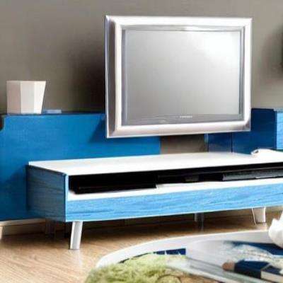 Contemporary TV Unit Design in Blue Laminate with Wooden Floor