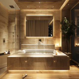 Modern Grey Bathroom Design With Wooden Vanity Unit