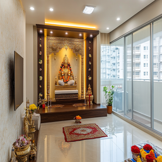 Contemporary Mandir Design With Glossy Backdrop