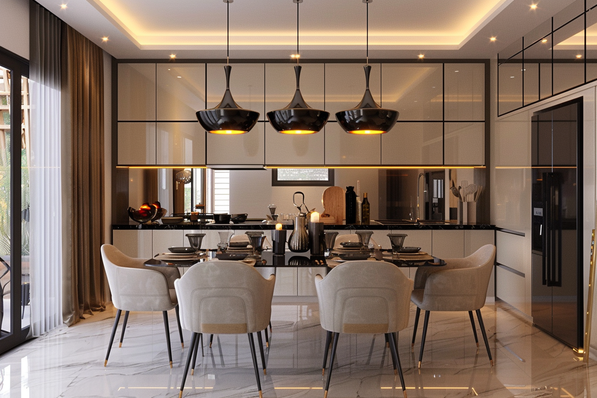 Contemporary Glossy 6-Seater Beige Dining Room Design With Black Pendant Lights