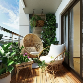 Tropical Balcony Design With Vertical Garden And Cane Furniture