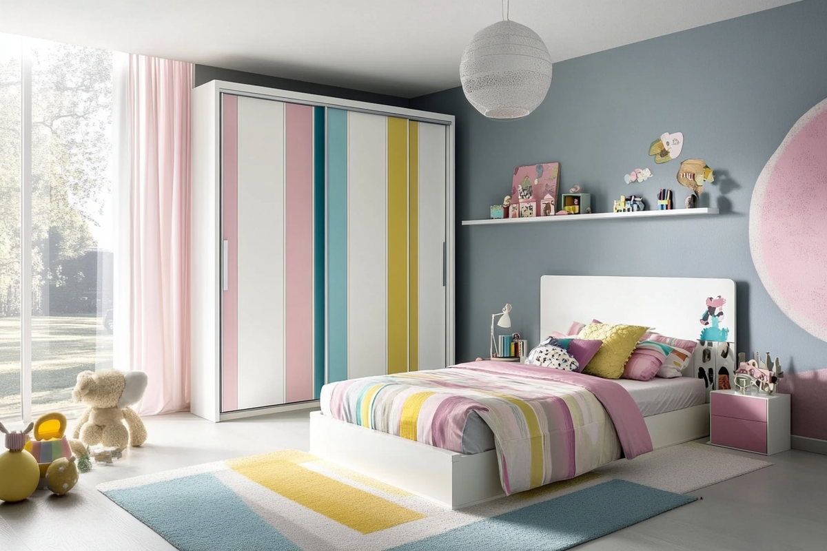 Contemporary Kids Room Design For Girls With 2-Door White Sliding Wardrobe And Pastel Strip